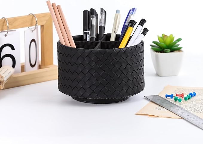 Spinning Pencil Holder, PU Leather 360 Degree Rotating Remote Control Holder for Table with 4 Compartments, Cute Pen Holder Desk Organizer, Black PH116