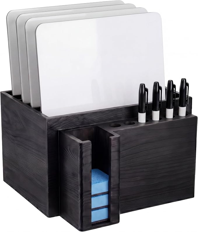 Novabright 10" x 9.75" x 6" Classroom Dry Erase Lapboard Storage Wooden Black Whiteboard Organizer hold up 6 dry erase board 6 Slot Pen 6 Erasers Storage for Desktop School, Office and Home, Classroom