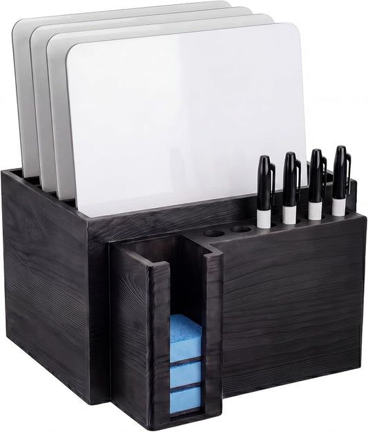 Novabright 10" x 9.75" x 6" Classroom Dry Erase Lapboard Storage Wooden Black Whiteboard Organizer hold up 6 dry erase board 6 Slot Pen 6 Erasers Storage for Desktop School, Office and Home, Classroom