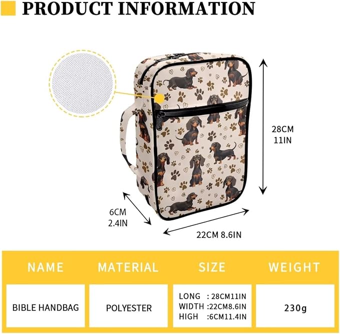 Coldinair Dachshund Cute Bible Cover for Women Men Kids,Protective Book Cover Bible Case Bible Carrier Carrying Organizer Purse Handbag with Zipper Pockets Church Bag