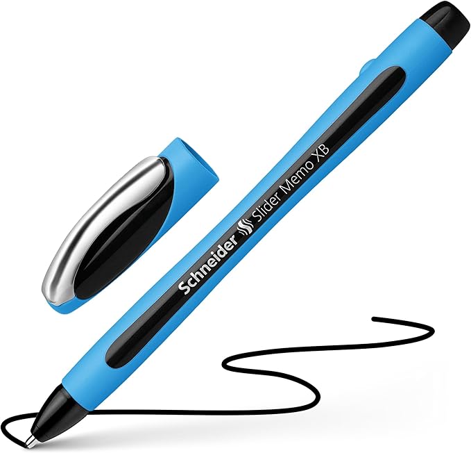 Schneider Slider Memo XB (Extra Broad) Ballpoint Pen, 1.4 mm, Light Blue Barrel, Assorted Ink Colors, Pack of 3 Pens: Black, Red, Blue (150293)