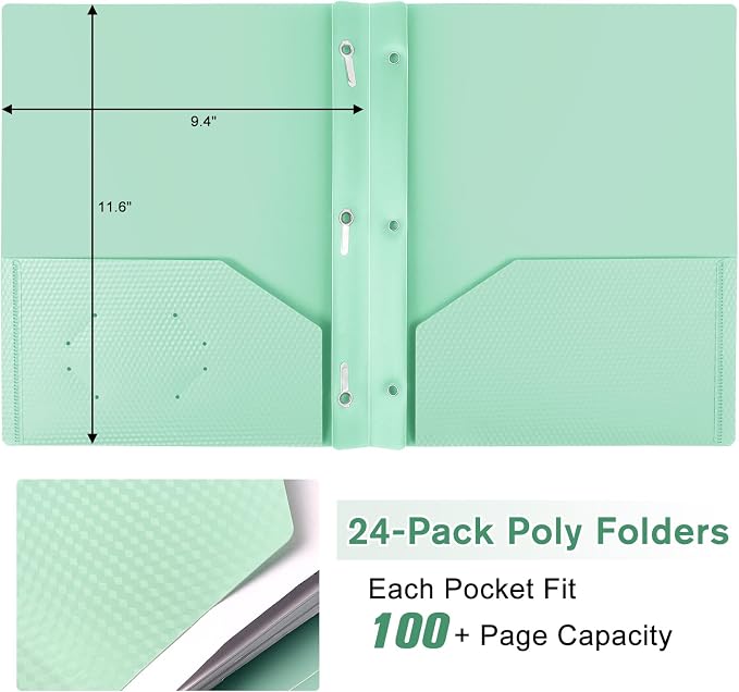 24-Pack Plastic andPockets and Prongs,2-Pocket and3 Fasteners, Pastel Folders Holds 8-1/2" x 11" Paper for School/Office/Home, Green