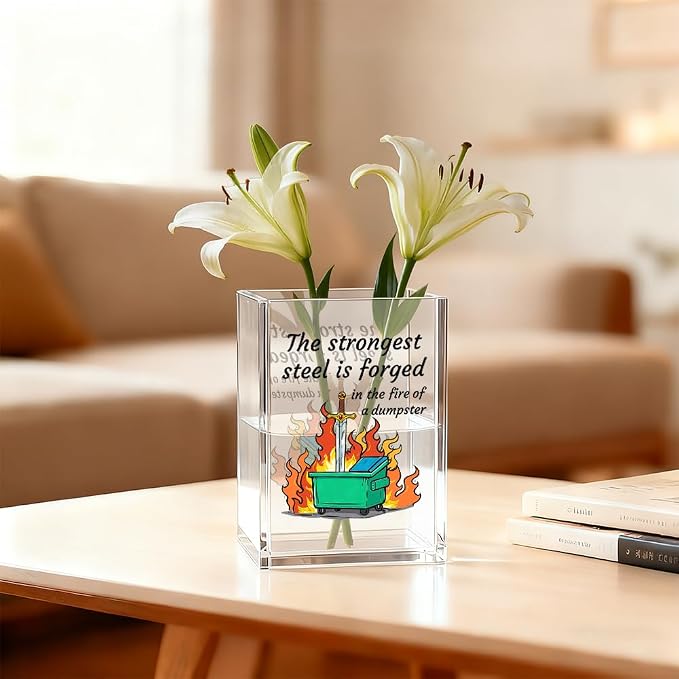 The Strongest Steel Acrylic Cosmetic Organizer Pen Holder, Funny Dumpster Fire Acrylic Desk Holder Cup for Pen Pencil, Inspirational Office Gifts for Coworker Team Manager Leader Mentor
