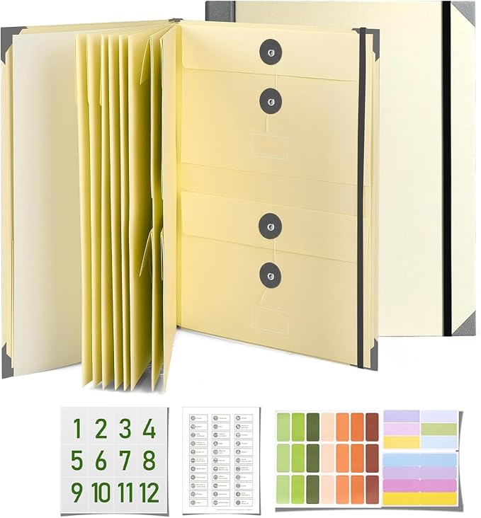 Important Document Organizer, File Folder with Labels and 12 Pockets, Expanding Storage Folder for Family Emergency Binder, Life Binder Organizer for Photos and Letters, Yellow