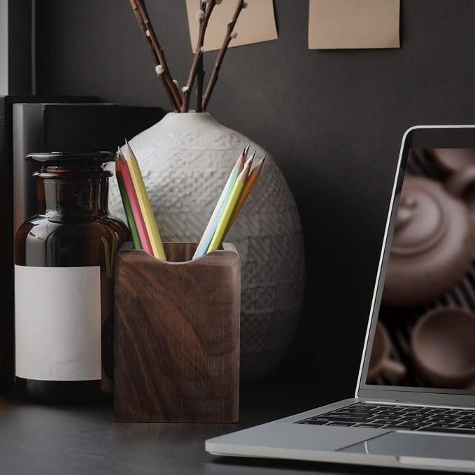 Toyvian Wooden Pen Box Multiple-Use Desk Organizer Eco Natural Wood Storage Box (Black Walnut)