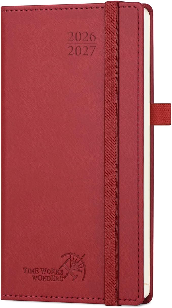 POPRUN Pocket Planner 2026-2027, Slim Size-3.5" x 6.5", 17 Month (Aug 2026 - Dec 2027) Academic Pocket Calendar for Purse, Small Weekly Appointment Book with Vegan Leather Hardcover - Burgundy