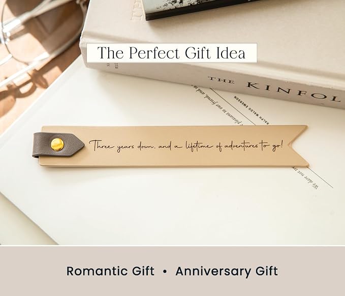 Engraved Leather Bookmark in Cream - 3 Years Down, Genuine Leather 3rd Year Wedding Anniversary Traditional Gift for Him & Her, Husband Wife