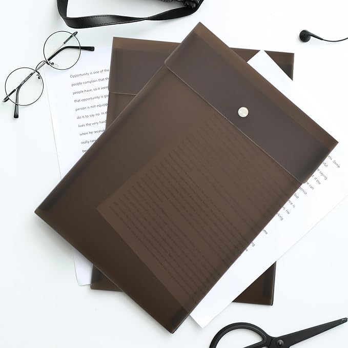 VANRA Vertical File Folders Poly Filing Envelope Plastic Project Folder with Snap Button Closure for A4 Letter Size Paper (Pack of 5, Brown)