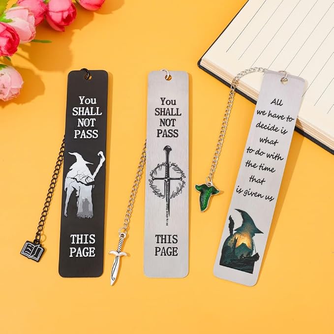 3Pcs Fantasy LOTR Metal Bookmarks Set, Elvish Leaf Pendant with Sword Charm, Evenstar Engraving, Epic Quotes Carved, Dark Academia Book Accessories, Gifts for Readers (Gandalf)