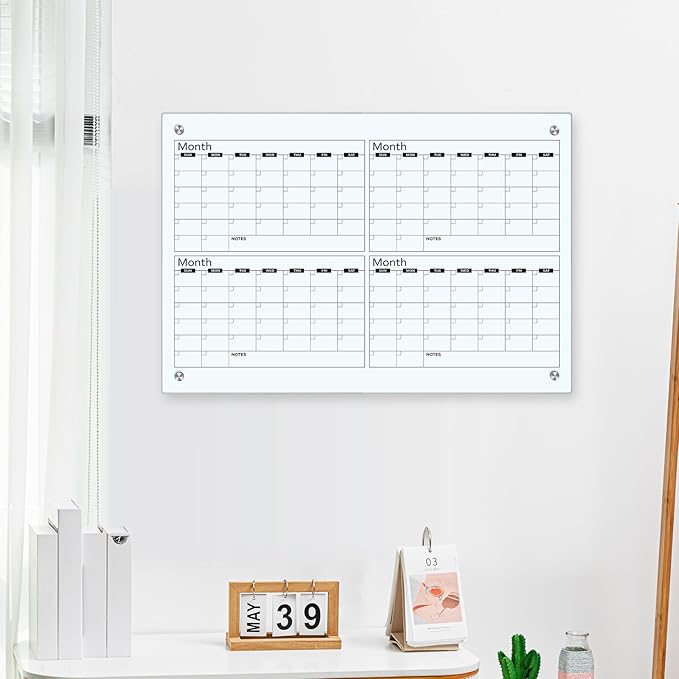 Glass Whiteboard Calendar Dry-Erase White Board Planner Glass Large Wall Mounted Calendar with Marker Tray for Wall Home or Office(Transparent,36" X 24",4 Month)
