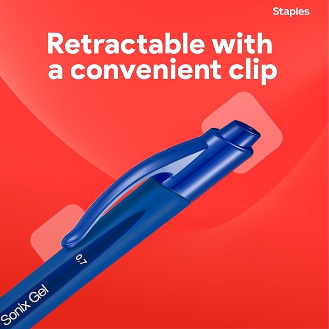STAPLES Retractable Gel Pens, Medium Point 0.7mm, Blue Ink, 12 Pack – Sonix Smooth‑Writing Gel Pens with Rubberized Grip