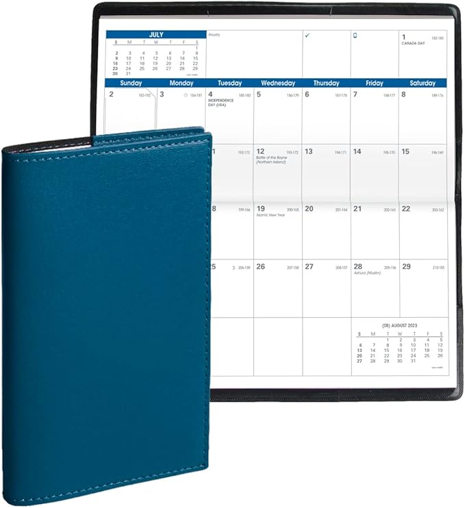 Quo Vadis 2024 Visoplan - Monthly Planner - 12 Months, Jan. to Dec. - 6 3/4 x 3 1/2" - Smooth Faux Leather Soho Steel Blue - Pocket Calendar Organizer