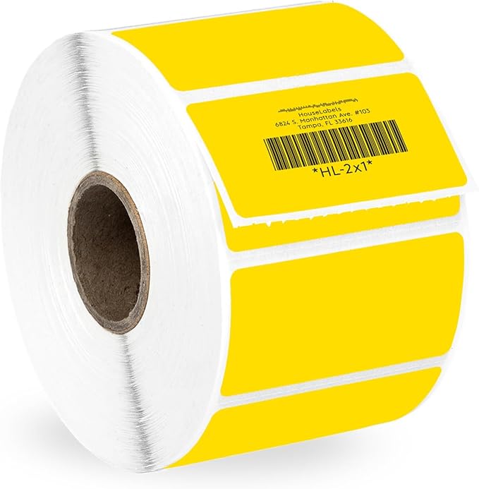 HOUSELABELS 2" x 1" Yellow Barcode Labels on 1" Core Compatible with Zebra and Rollo Printers, 1 Roll / 1,300 Labels per Roll