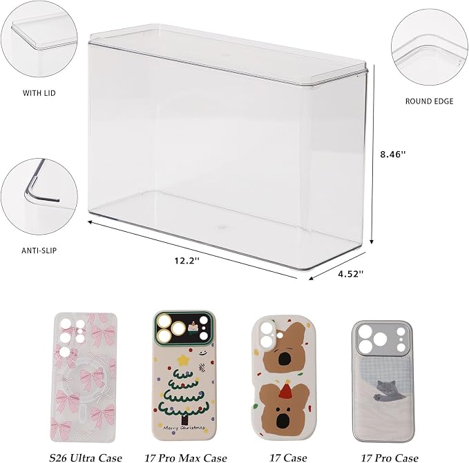 FABROK Large Cell Phone Case Organizer, Clear Storage Bin with Lid for Phone Basic Cases and Electronics Accessories, Plastic Basket Container for Home Office Desk, Kitchen Cabinet and Pantry