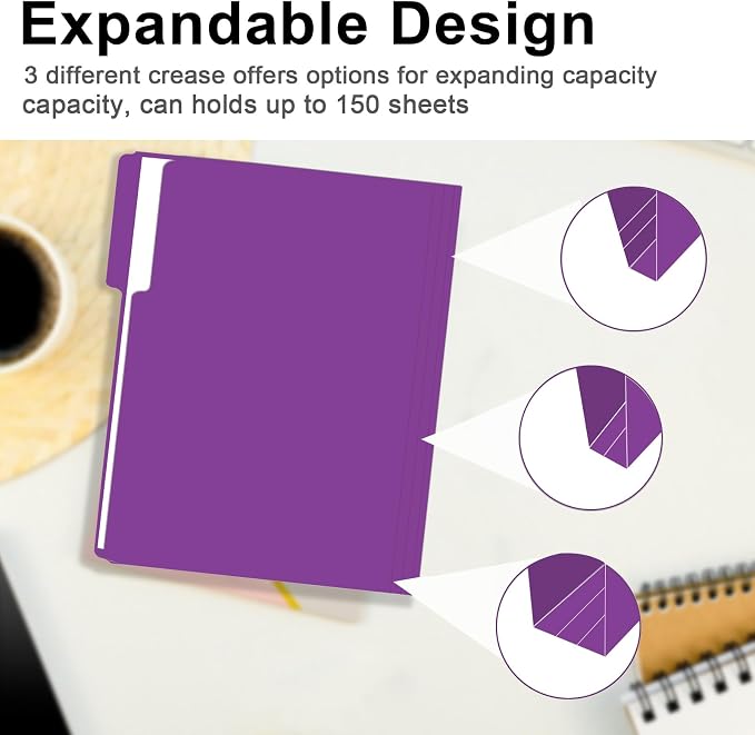 File Folder, RAZCC 150 Pack 1/3 Cut Tab File Folders Letter Size, Purple, Folders, Folders with Tab, Great for Organizing and Easy File Storage