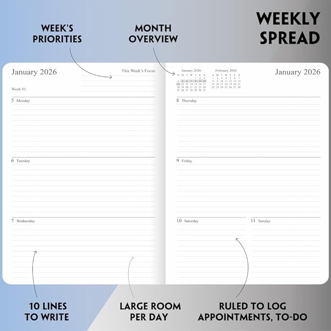 2026 Planner - Weekly and Monthly Planner, Jan 2026 - Dec 2026, Vegan Leather Cover, Elastic Closure, 8.5"x11", Teal