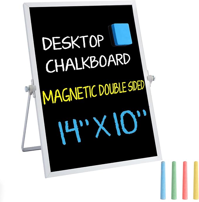 Small Magnetic Chalk Board Easel 10"X14", Double-Sided Tabletop & Wall Hanging Chalkboard with 4 Chalks & Eraser, Desktop Mini Black Board Sign for Office Desk Home Menu School