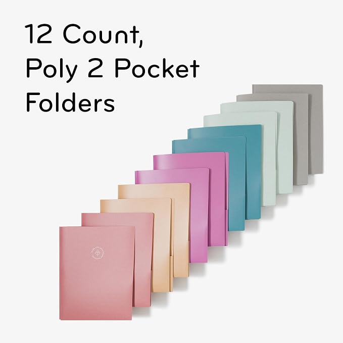 U Brands U-Eco Poly 2-Pocket Pronged Folders, Set of 12, Assorted Brights, Built-in Metal Prongs, Letter Size (6599U01-12)