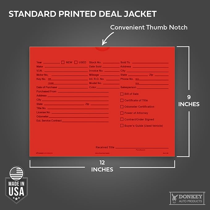 Printed Vehicle Deal Envelopes 9x12 Deal Jackets (100 shrink wrapped) (Red)