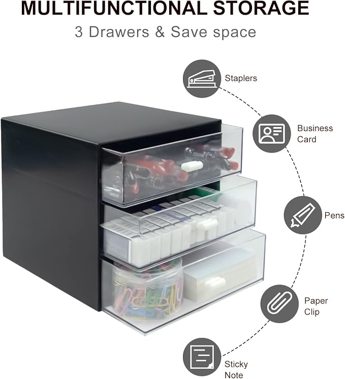 Desk Organizer with Drawer, Desk Storage Box, Plastic Office Stationery Supplies Organizers, Desktop Organizer for Office School Home (3 drawer, Black)