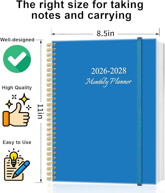 2026-2028 Monthly Planner, 3 Years Calendar from April 2026 - December 2028 with Spiral Binding, Inner Pocket, Elastic Closure, 33 Month Planner for Home | School | Office, 8.5" x 11", Blue