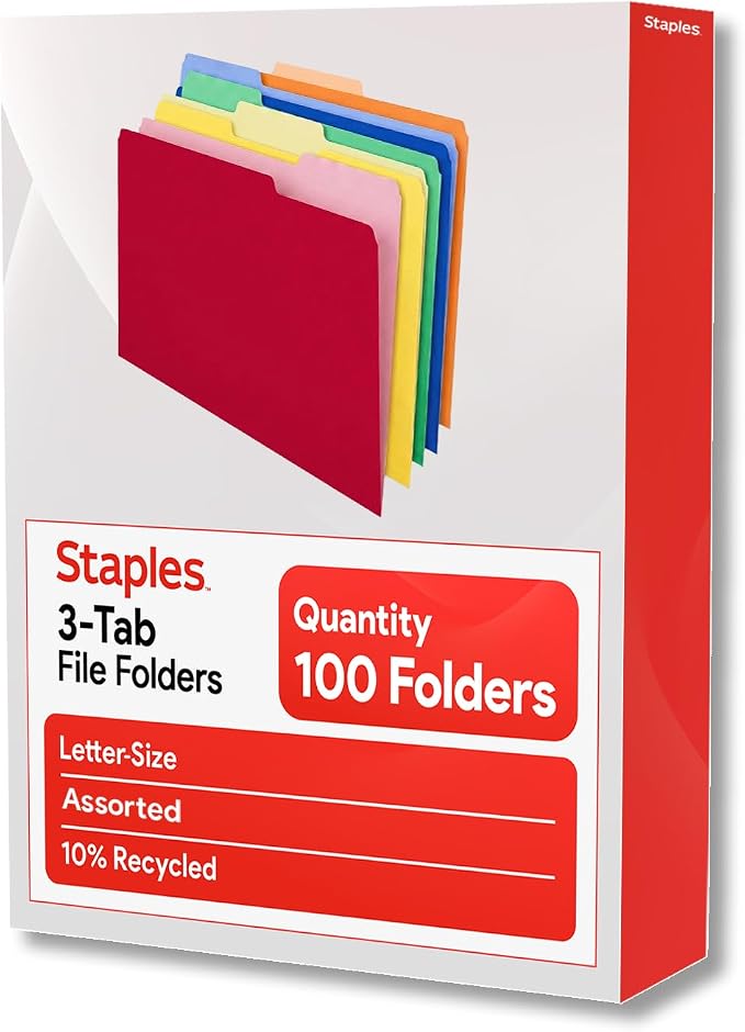 Staples Colored File Folders, Letter Size, 3‑Tab Top‑Tab Design, Durable 10.5‑Point Paper Stock, 100/Pack