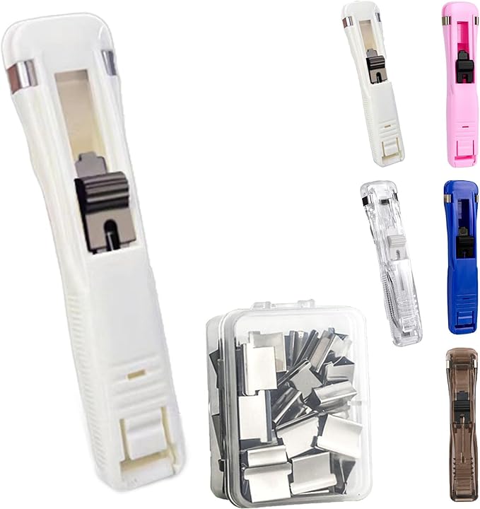 Portable Binder Clip Stapler with 100 Refill Clips,Handheld Paper Clamp Dispenser for Desktop/Document, No-Hole Binding, Home/School/Office Use (White,A)