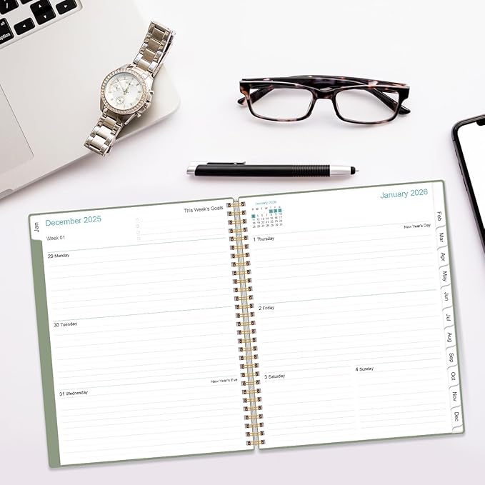 Planner 2026 For Women & Men - Monthly and Weekly Calendar Planner from January 2026 - December 2026, Student Planning with 12 Tabs for Office School Supplies, Inner Pocket, 8.5" x 11", Green