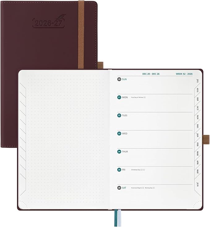 BEZEND Weekly Planner 2026 2027 Dot‑Grid Journal in One (5.5" x 8.5") 12 Month Academic Calendar with Tabs (Jul.26-Jun.27) for Student/School, 100gsm Thick Paper, PU Leather Hardcover - Burgundy
