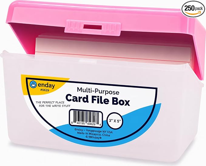 Enday Index Card Box Pink 3x5 Index Card Holder, Index Card Organizer, Flash Card Holder, Holds 250 Cards.