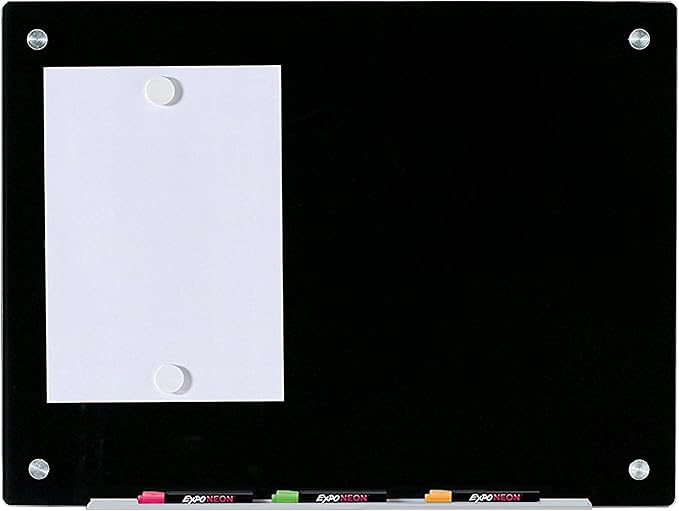 Audio-Visual Direct Magnetic Black Glass Dry-Erase Board Set - 2' x 1.5' - Includes Magnets, Hardware & Marker Tray