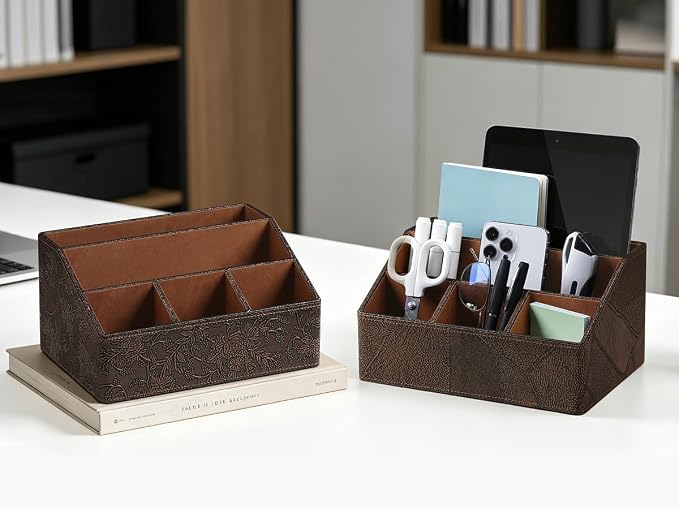 PU Leather Desktop Organizer, Home Luxury Remote Control Holder, Office Desk Accessory and Nightstand Storage Box, Vintage Style, Suitable for Living Room Tabletops (Brown Vintage)