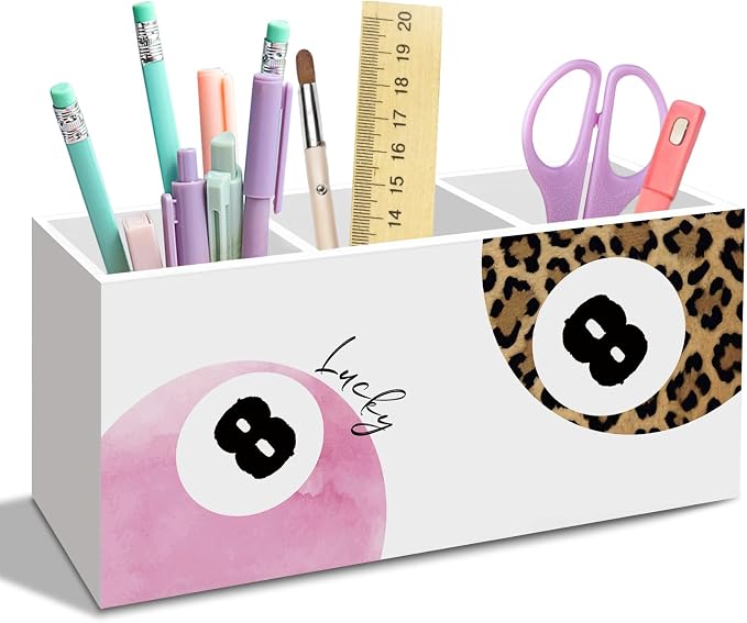 Preppy Funky Lucky 8 Ball Pen Pencil Holder for Desk, Preppy Office Desk Accessories, Trendy Pink and Leopard Print Ball Pen Holders Organizer for Girls Classroom Bathroom Makeup Brush
