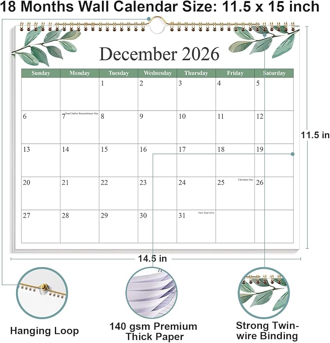 Calendar 2026-2027 - Wall Calendar 2026-2027 from July 2026 to December 2027, 2026-27 Wall Hanging Calendar Planner with Thick Paper, 12" x 14.5", Leaf