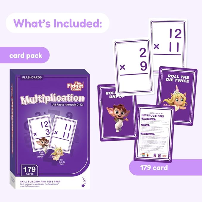 The Fidget Game 179 Multiplication Flash Cards Game Set All Facts 0-12 for Kids in 2nd, 3rd and 4th Grade Classroom or Homeschool - Math Skills and Practice