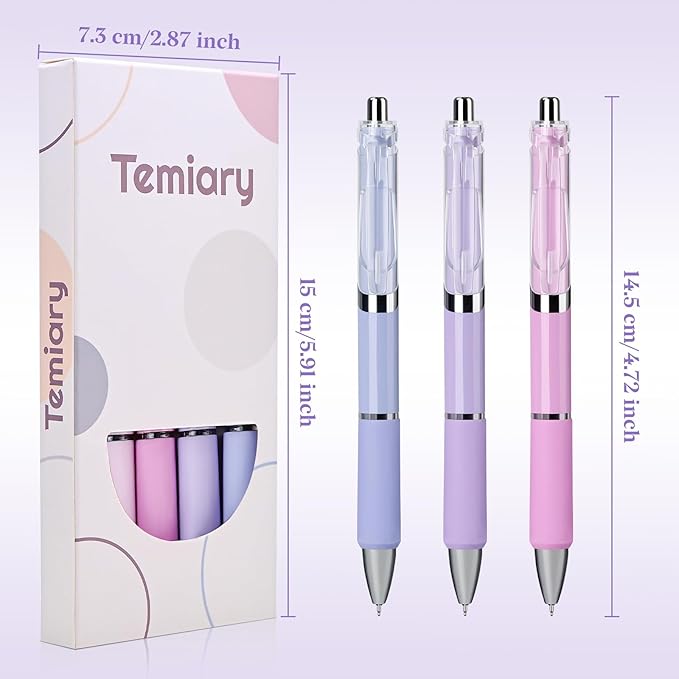 Temiary 5 Pcs Retractable Gel Pens, 0.5 mm Black Ink Fine Point Quick Dry Gel Ink Pen, Aesthetic Smooth Writing for School Office Journaling Note Taking and Sketching (Purple)