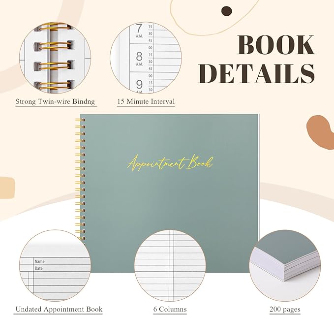 Maitys 2026-2027 Large 6 Column Salon Appointment Book for Hairstylist Spa Business, Hourly Planner 15 Minute Interval, 200 Pages Undated 6 Am 9 Pm Spiral Bound Checklist Planner(Green, Minimalist)