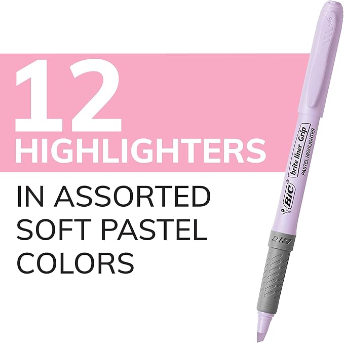 BIC Brite Liner Grip Pastel Highlighter Set, Chisel Tip, Pack of Pastel Highlighters in Assorted Colors (colors may vary), Cute Highlighters for Bullet Journaling, Note Taking and More (Pack of 18)