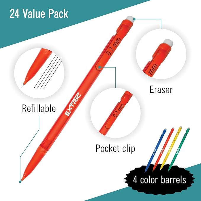 EXTRIC Mechanical Pencils 0.7 mm with Erasers, Medium Point Lead, HB number 2, Assorted Barrels, 24-Count Pack, Perfect for Writing and Drawing