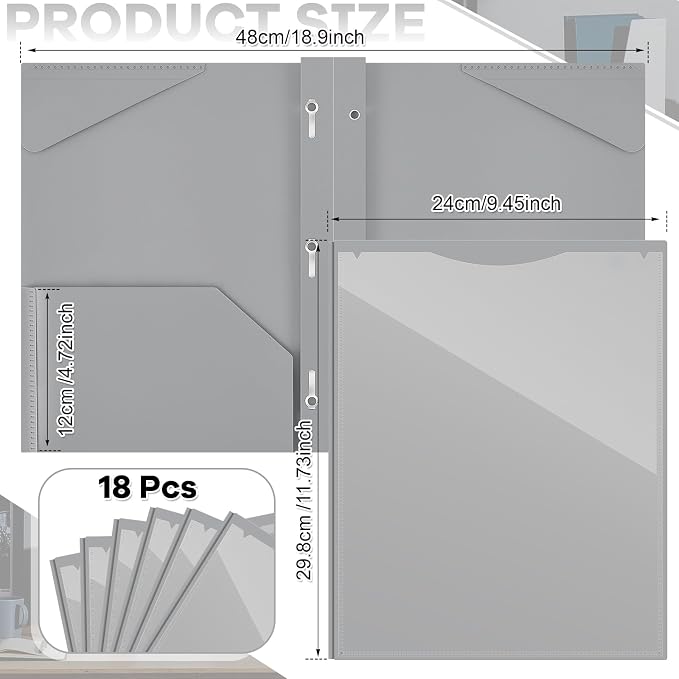 Henoyso 18 Pcs Plastic Folder with Clear Front Pocket and 3 Prong Plastic Folders with Card Slot Pocket Folders with Prongs for School Office (Gray)