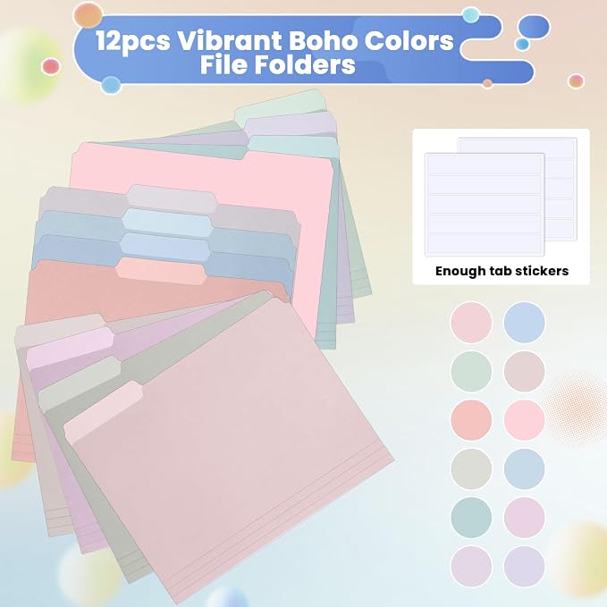 gisgfim 12 Pcs Two Tone Colored File Folders 1/3 Cut Tab Letter Size Manila File Folder with Tabs Decorative Assorted Position File Folders for Office School Business Home Organizer (Pastel)