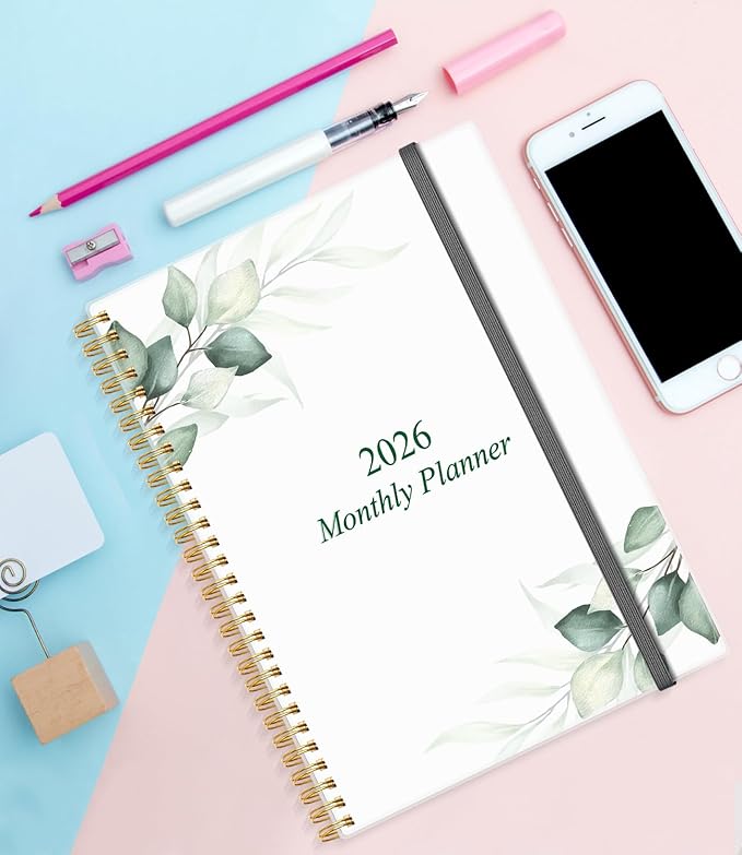 Monthly Planner 2026 - Monthly Calendar from January 2026 to December 2026, 2026 Planner with Inner Pocket, Elastic Band, 8.5" x 11", Green Leaf
