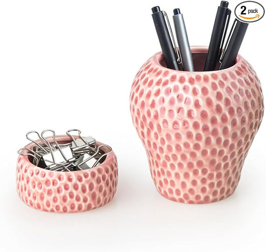 Ceramic Paper Clip Holder, Strawberry Pen Holder Set, Cute Pen Holder for Desk Storage Set of 2, Office, School, Home Decor(Pink)