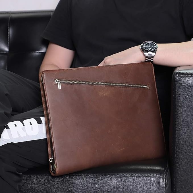 Crazy Horse Leather Portfolio Binder with 3-Zipper, 11-inch iPad Holder Padfolio, Executive Business Organizer for iPad Pro 13, Air 13, Mini, Document Case & Legal Pad Holder for Men & Women