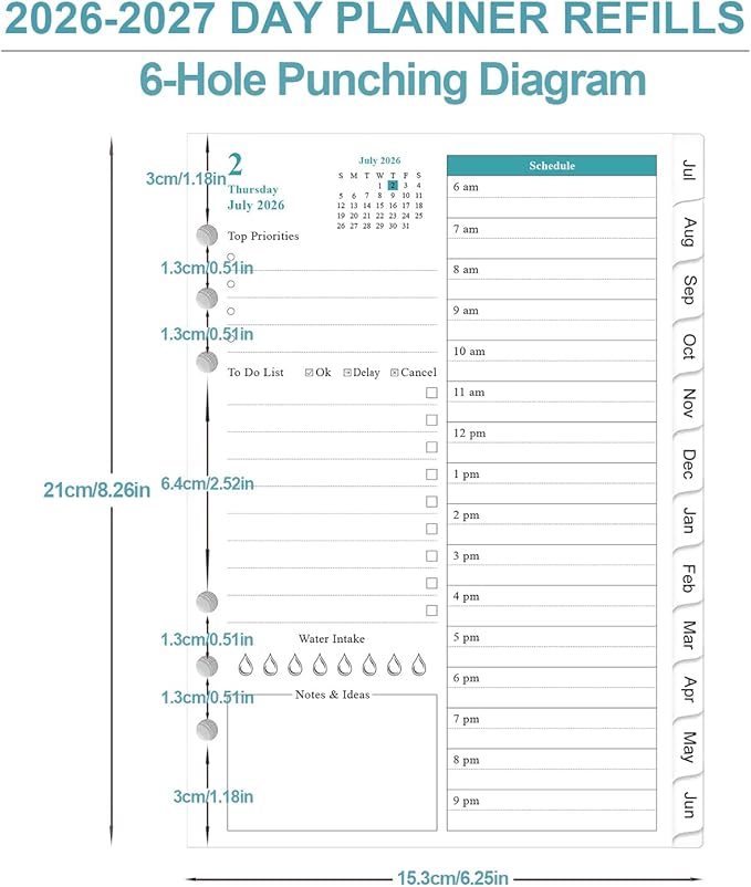 2026-2027 Planner Refills for A5 Binder - One Page Per Day Daily ＆ Monthly Planner, July 2026 - June 2027, Prioritized, To-Do List, Notes, Appointment Schedule, 6-Hole Punched, 5.8" x 8.3"