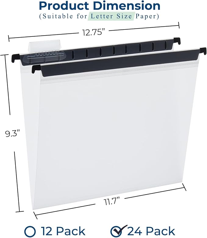 Y YOMA Plastic Hanging File Folders, Letter Size, 1” Expansion 24 Pack Clear Reinforced Hanging Folders with Tabs, Transparent Waterproof for Filing Cabinet Bulky Files Home Office