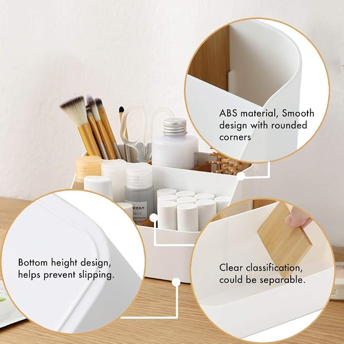Desk Organizer with 5 Compartments, Office Supplies Organizers and Accessories, Makeup Brush Holder, Pen/Pencil Holder, Remote Control Holder with Movable Wooden Partition