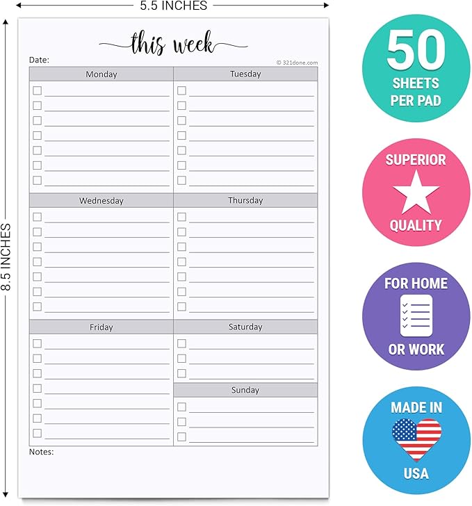 321Done Weekly Checklist Notepad - 50 Sheets (5.5" x 8.5") - This Week to Do Notepad Tear Off Planning Pad, Planner Checklist Organizing - Made in USA - Simple Script
