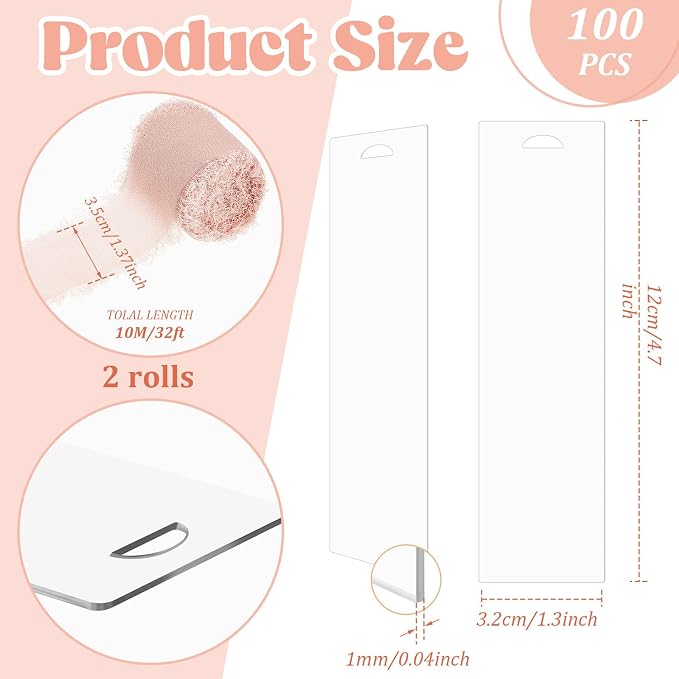 Yeaqee 100 Pcs Acrylic Bookmark Blanks Clear Bookmarks Acrylic Tags with 2 Rolls Ribbon DIY Craft Transparent Bookmark for Reading Lovers for School Presents(4.7 x 1.3 Inch,Light Pink)