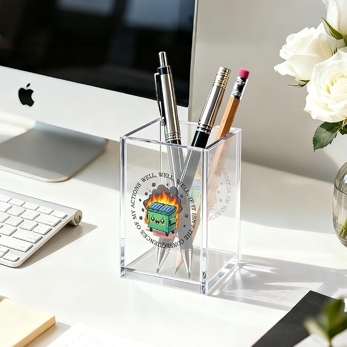 Everything is Fine Cosmetic Organizer Pen Holder, Acrylic Desk Holder for Pen Pencil, Office Gifts for Coworker, Dumpster Fire Desk Accessory (Transparent66)